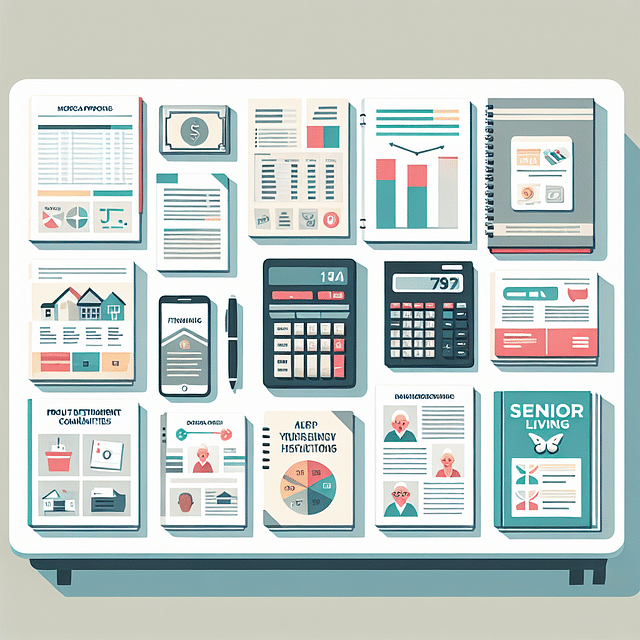 financial documents and calculator on a table with senior living brochures