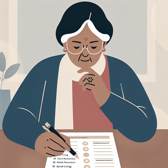 thoughtful senior holding a pen over a list of senior living options