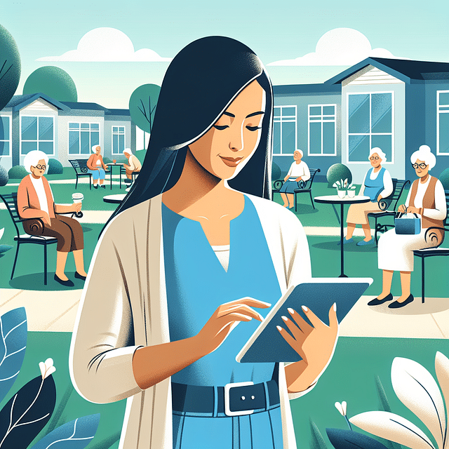 person reading reviews on a tablet with senior living community in the background