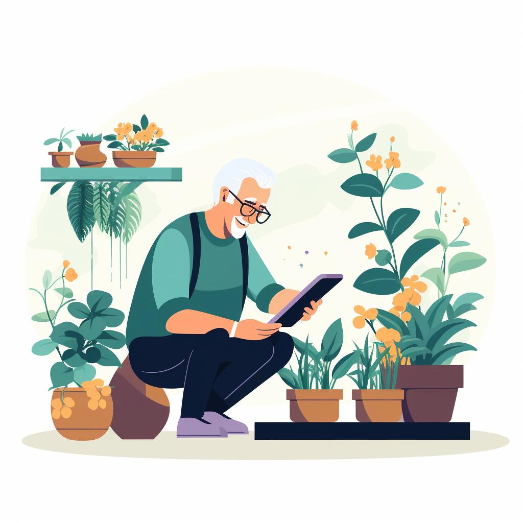 Senior person arranging virtual plants in a garden on a tablet screen