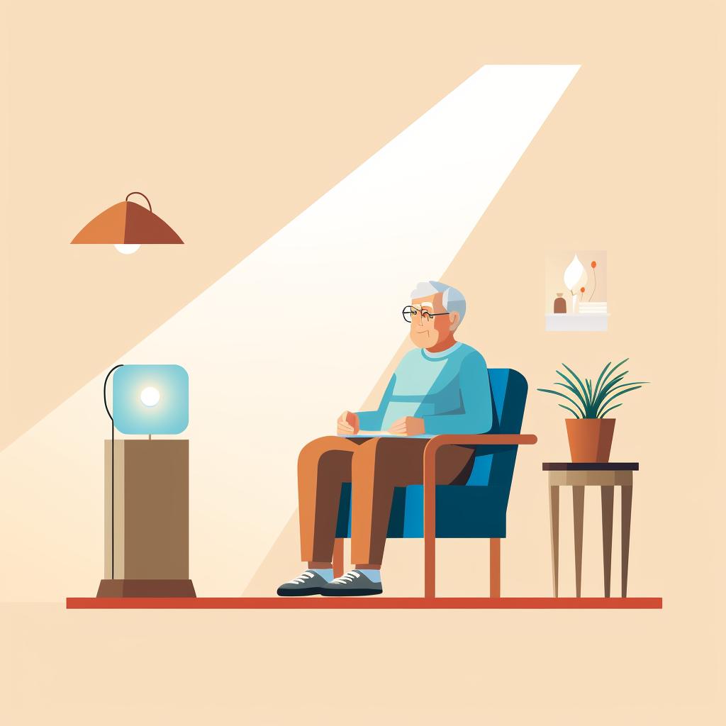 Senior sitting comfortably with a light therapy lamp on a side table