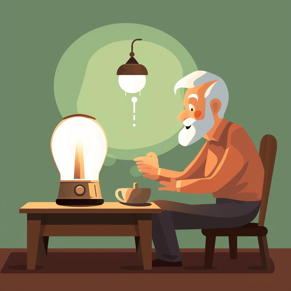 Senior setting a timer next to a light therapy lamp
