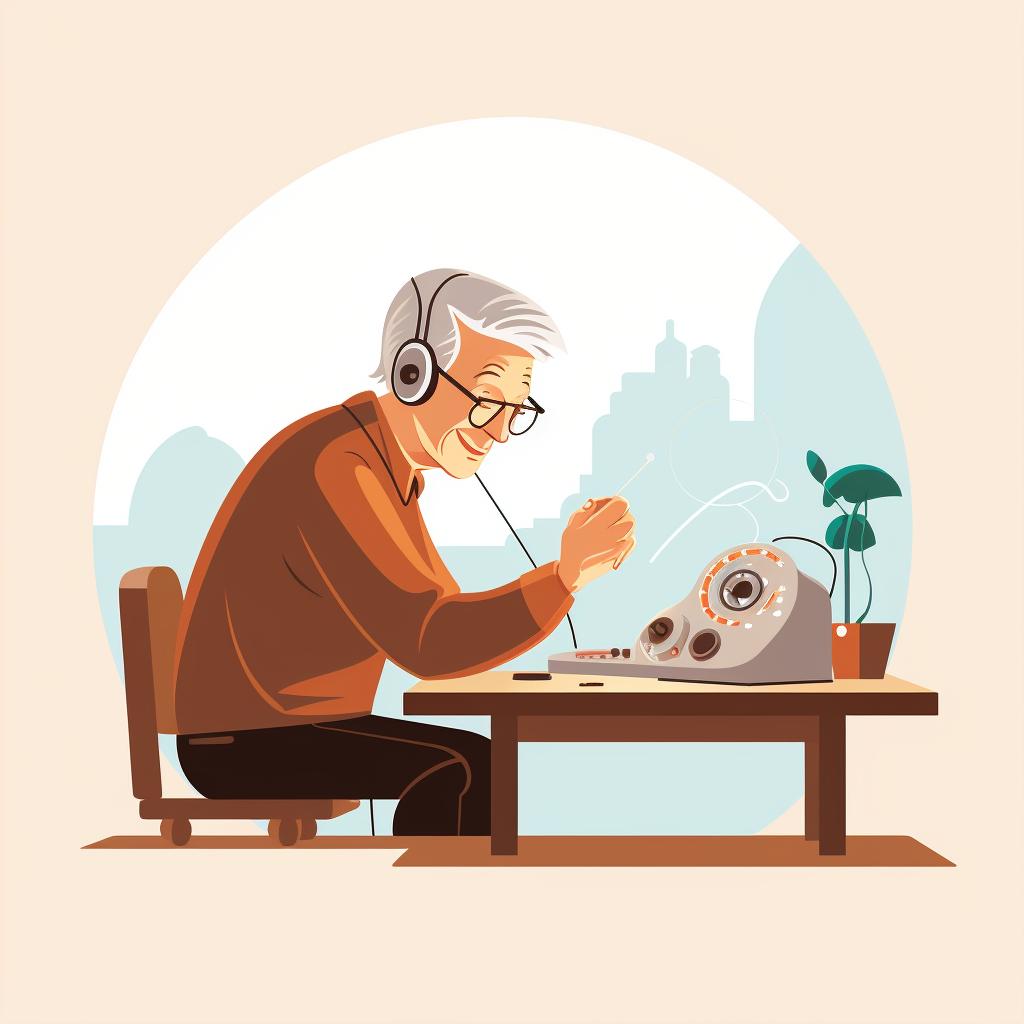 Elderly person testing a hearing aid in various environments