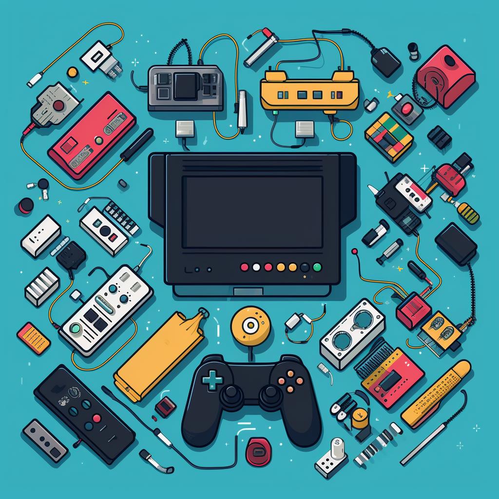 A gaming console and its components laid out on a table